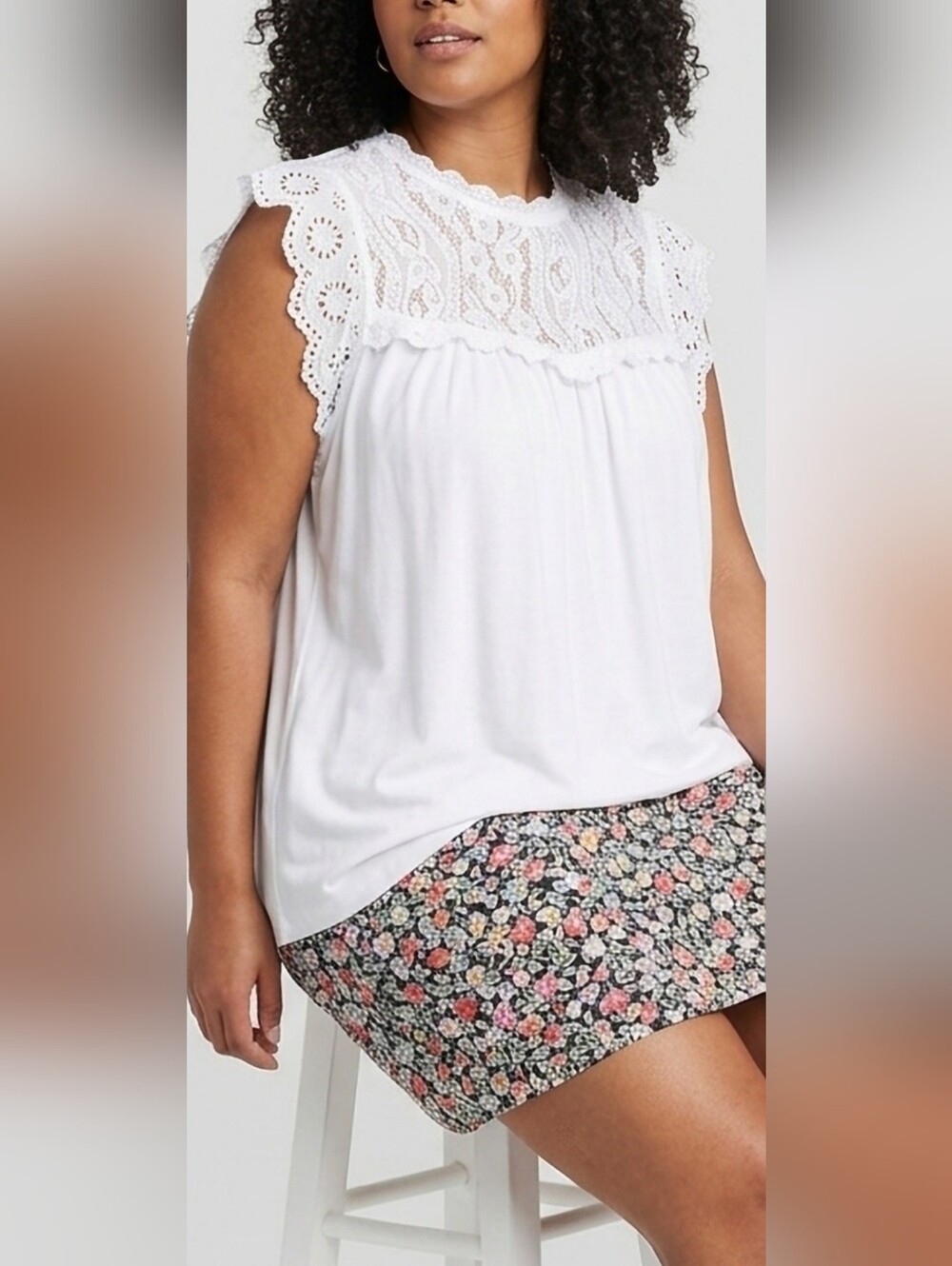 Lauren Conrad White Eyelet Lace Yoke Sleeveless Top Cotton/Modal XXL